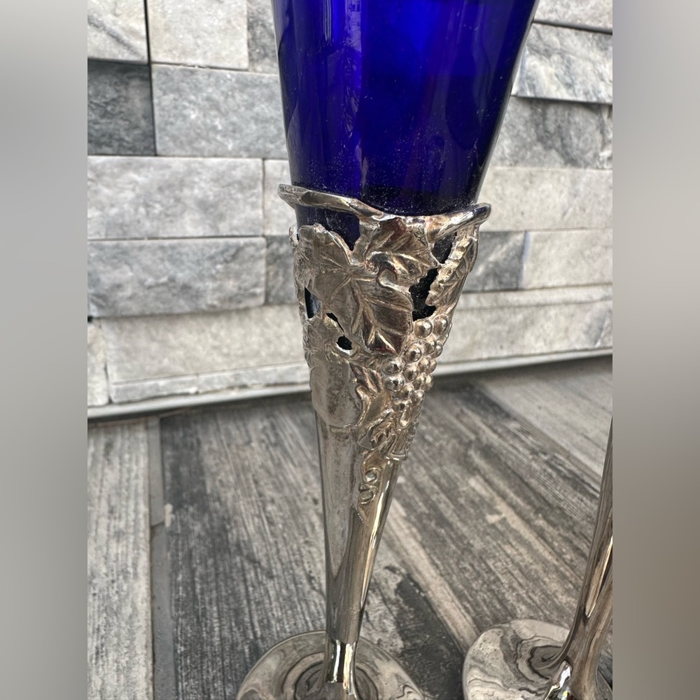 Silver plated cobalt blue fluted Champaign glasses Set of 2 - Picture 6 of 12
